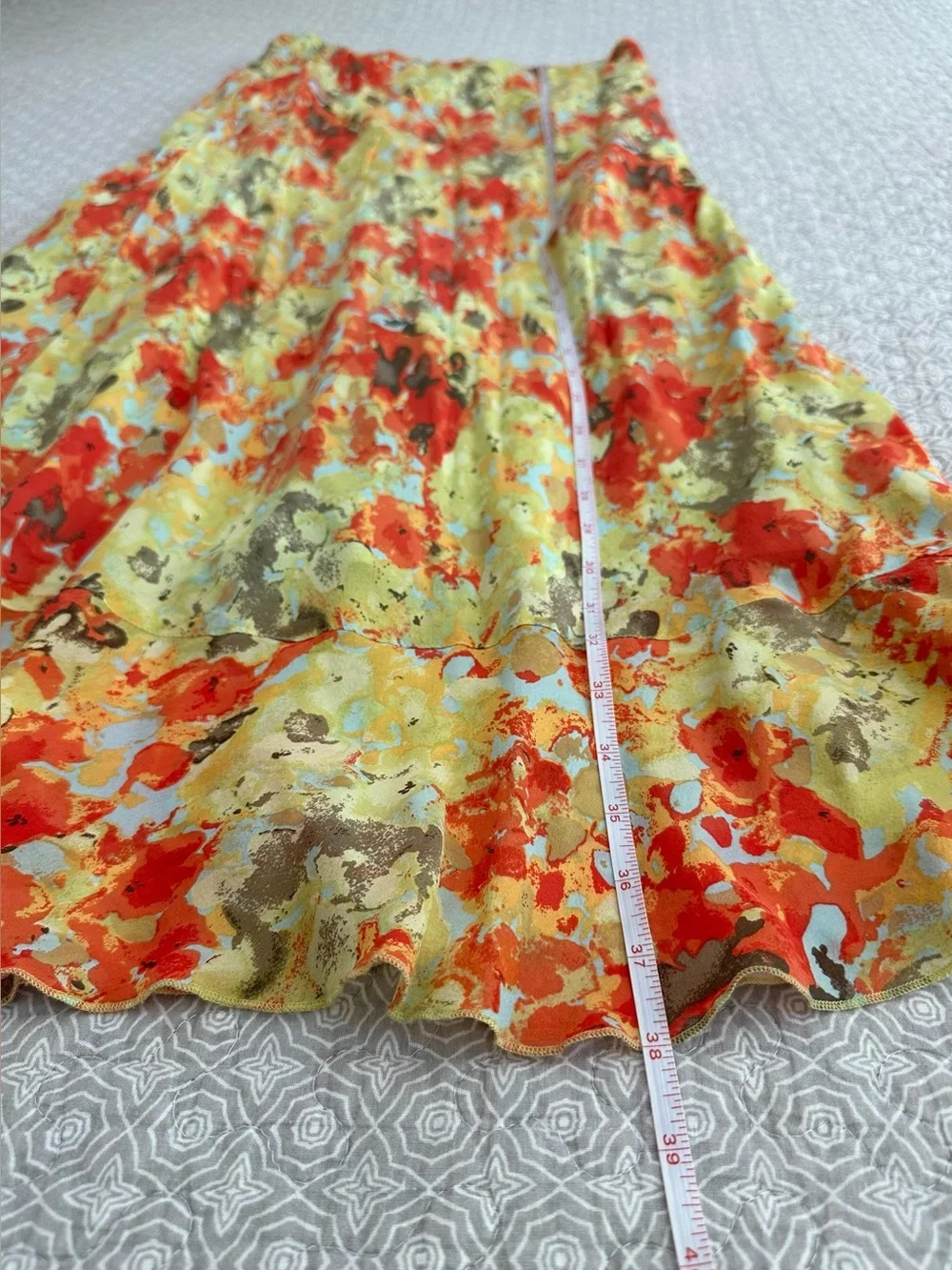 SUNDANCE 100% Silk Abstract Floral Midi Skirt Yellow Orange Size 10